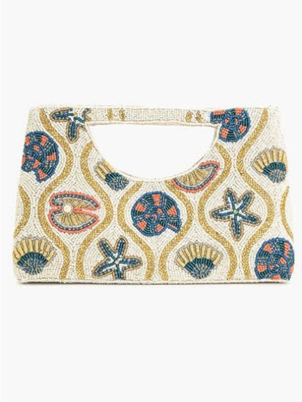 Beaded Seashell Cutout Handle Clutch - White & Gold